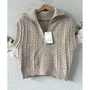 Maison Blanche Knit Half Zip Sweater Vest Beige Neutral Cottage Preppy NWT M